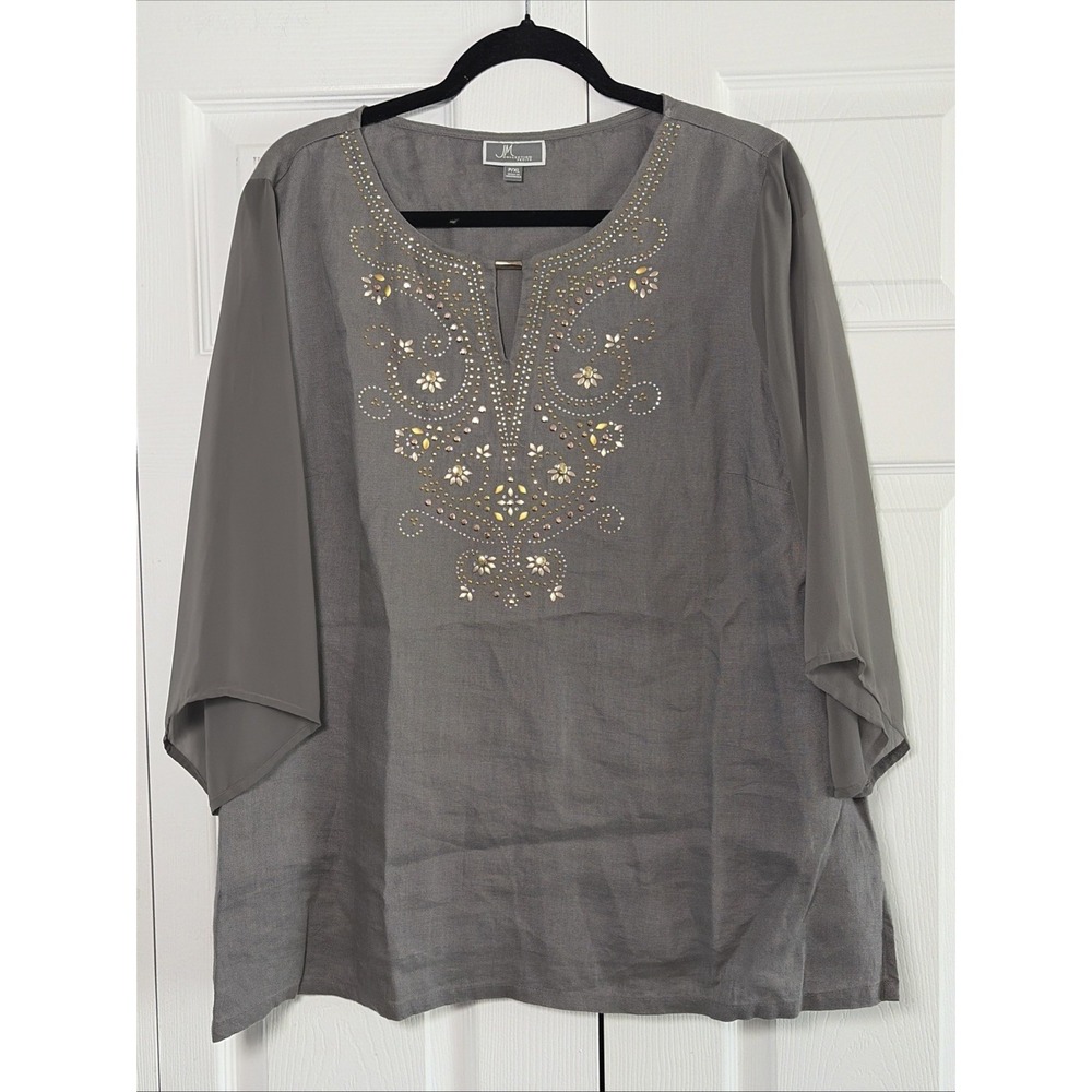 JM Collection Studded Linen Tunic Womens Size P/XL Grey Sheer Sleeve Boho Top